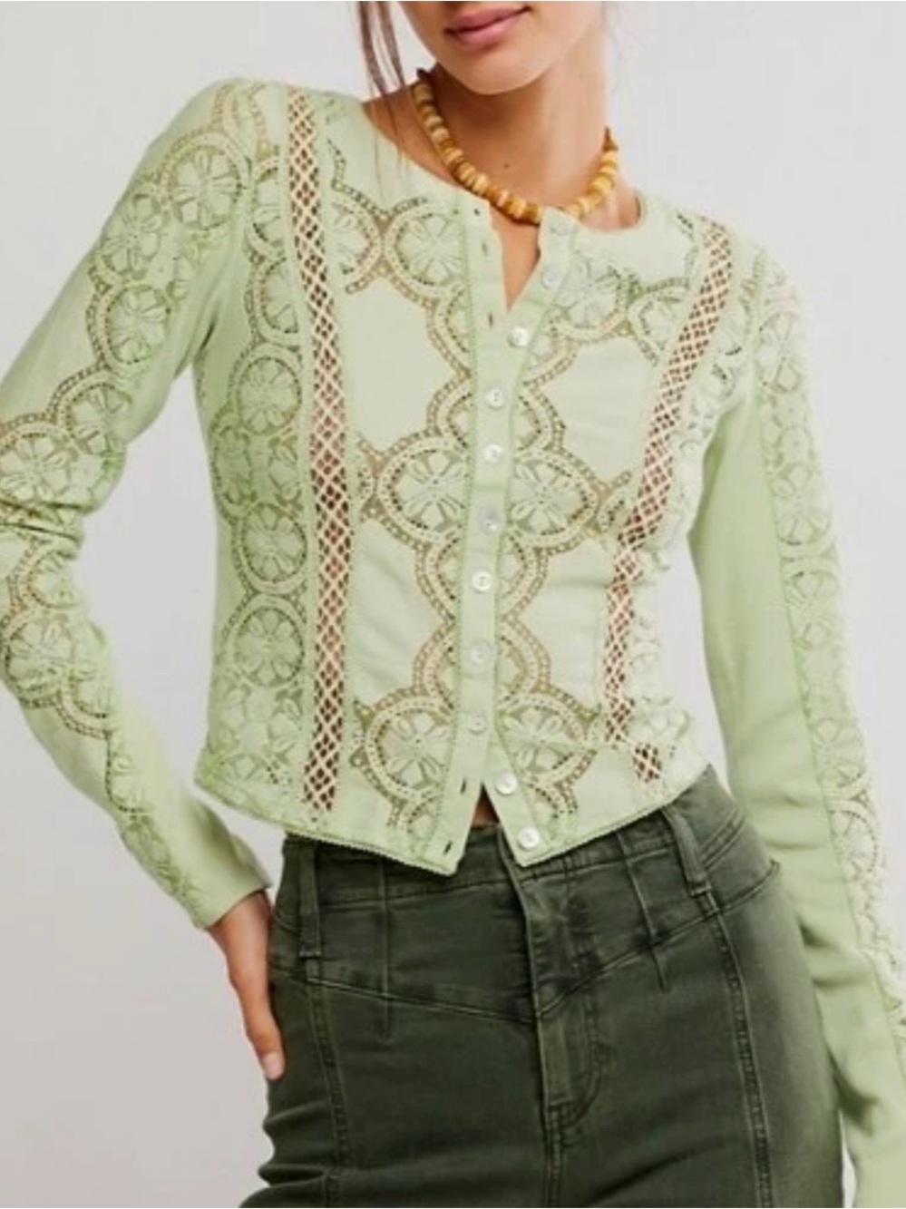 Light Green Lace-Panel Button Front Women’s Top
